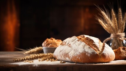 Wall Mural - Artisan bread loaf on a rustic wooden table