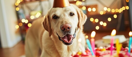 Wall Mural - Labrador with cake and hat celebrating