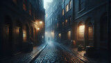 Fototapeta Uliczki - A moody, enigmatic night scene in a narrow alley with dim lighting, cobblestone pavement, brick buildings, ambient window lights, and a lone distant figure