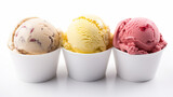 Fototapeta  - Ice cream balls in paper cup. Neapolitan ice cream scoops in white cups of chocolate. AI Generative