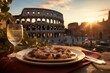 Culinary Flavors in Rome: A Rustic Table at a Cozy Café, Accompanied by Wine - The Majestic Colosseum Provides a Stunning Backdrop to the Sunset Dining Experience.