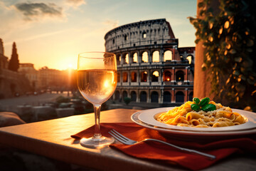 Poster - Classic Flavors in Rome: Spaghetti Bolognese on a Rustic Table at a Cozy Café, Accompanied by Full-Bodied Red Wine - The Majestic Colosseum Provides a Stunning Backdrop to the Sunset Dining Experience