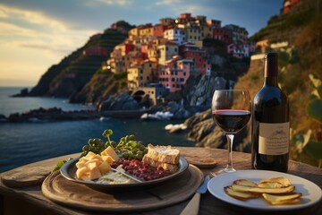 Wall Mural - Cinque Terre Delights: Italian Pasta and Seafood, Enhanced with Tomato Sauce and Wine, Adorn a Table with a View, Creating a Scenic Culinary Experience Overlooking the Mediterranean Landscape.