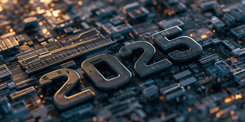 new year 2025 digital background with futuristic circuit board structure