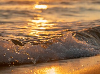 Canvas Print - Closeup of the waves crushing on the coast at golden hour. Summer vacation travel concept.