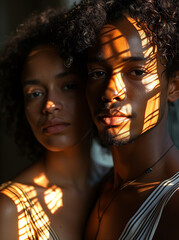 Poster - a man and woman in dark clothing posing for a photo, in the style of multicultural fusion