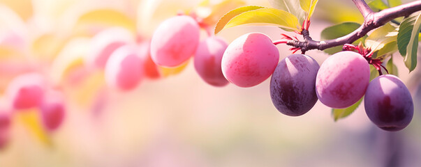 Wall Mural - Plum branch close-up in fruit orchard background with copy space