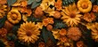 Vibrant tropical floral pattern background with ochre sunflowers and forest ferns on a 3D suede wall
