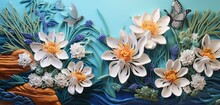 Vibrant Tropical Floral Pattern With Blue Aquilegia And White Lilies Of The Valley On A Honeycomb 3D Wall Texture
