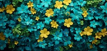 Vibrant Tropical Floral Pattern Background With Cyan Forget-me-nots And Olive Drab Grass On A 3D Wool Wall