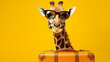 Giraffe in sunglasses and travel suitcase as a tourism advertising concept, copy space
