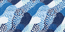Abstract Seamless Pattern With Hand Drawn Flowing Organic Shapes, Dots Blue And Light Blue Water Colors. Repeating Pattern For Background, Graphic Design, Print, Poster, Interior, Packaging Paper