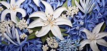 Vibrant Tropical Floral Pattern With Blue Agapanthus And White Lilacs On A Chevron 3D Wall Texture