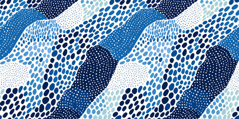 Wall Mural - Abstract seamless pattern with hand drawn flowing organic shapes, dots blue and light blue water colors. Repeating pattern for background, graphic design, print, poster, interior, packaging paper