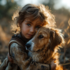 Sticker - Closeup of a child cuddling a cute puppy