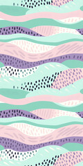 Wall Mural - Seamless Pattern with abstract wavy flowing shapes and dots in pastel green, pink, purple and white colors. Abstract organic repeating pattern with hand drawn details