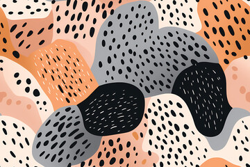 Wall Mural - Abstract Seamless Pattern with dotted rounded shapes in gray, peach orange, black and white colors. Abstract organic repeating pattern with hand drawn details. For graphic design, print, paper