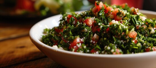 Wall Mural - Tabbouleh served in a white bowl, a Lebanese salad.