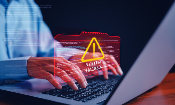 System hacked warning alert, Cyberattack computer network, Cybersecurity, Notification error maintenance, Virus cybercrime, Identity theft, Data breach, Software internet website, Scam phishing,.