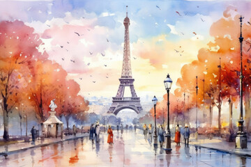 travel watercolor famous art architecture landmark paris building french city european france