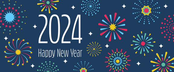Poster - 2024 Happy New Year - Schriftzug in englischer Sprache - Frohes neues Jahr. Neujahrskarte mit buntem Feuerwerk auf nachtblauem Himmel.