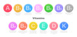 Set of Multi Vitamin complex icons. Multivitamin supplement. Vitamin A, B group B1, B2, B6, B9, B12, C, D, D3, E, K. Essential vitamin complex. Healthy life concept