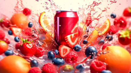 Wall Mural - Tonic berry cocktail in a bottle with water splash on a bright background.