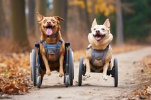 Two Happy Disabled Dogs In Wheelchair Running In City Park