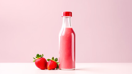 Wall Mural - Strawberry juice in a bottle on a pink background