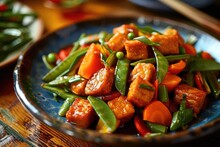 Stir-Fried Tempeh with Vegetables - Tempeh Cubes Stir-Fried with Colorful Bell Peppers, Snap Peas, and Carrots, Seasoned with Tamari or Soy Sauce for a Hearty, Plant-Based Option