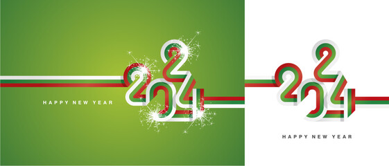 Wall Mural - New Year 2024 continuous ribbon in the shape of 2024. Abstract white green red flag of Bulgaria shape 2024 logo gift wrapping tape isolated on white and green background