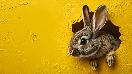 Wall Mural - Easter bunny rabbit peeking out of a hole in the yellow wall. Copy space. 
