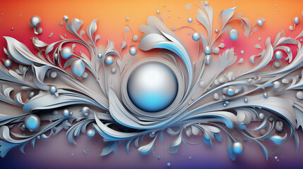 Wall Mural - Silver  3d background with leaves and balls.