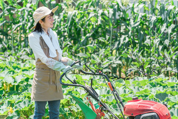 Poster - 畑を小型トラクターで耕す農家のアジア人女性（農業・田舎暮らし）
