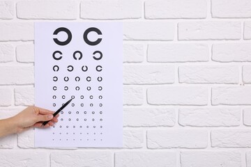 Canvas Print - Ophthalmologist pointing at vision test chart on white brick wall, closeup. Space for text