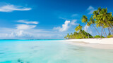 Fototapeta Sypialnia - A tropical beach landscape with palm trees white sand and turquoise waters under a sunny sky.