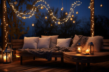 Wall Mural - Moon and star-shaped fairy lights illuminating an outdoor terrace, setting the stage for a cozy and intimate Valentine's Day evening. Generative Ai.