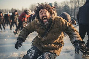 Sticker - People playfully attempting to ice skate on a frozen pond, hilariously slipping and sliding in their comical winter gear. Generative Ai.