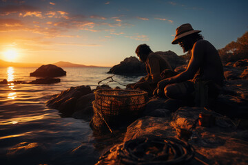 Sticker - Indigenous Australians engaging in traditional fishing practices, connecting to the enduring relationship between people and the land. Generative Ai.