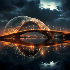 Canvas Print - Modern bridge with lights reflecting in rippling water below.