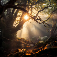 Wall Mural - Sunlight filtering through the misty branches of an ancient woodland.