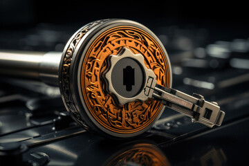 Poster - A key turning in a lock, symbolizing the unlocking of potential and opportunities as a result of a catalyzing action. Generative Ai.