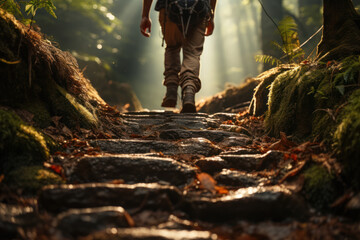 Wall Mural - a first step on a hiking trail, representing the initial action as a catalyst for a journey of explo