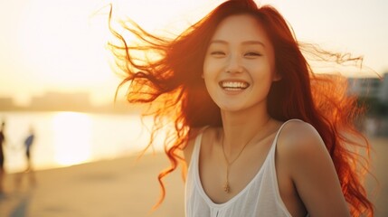 Photorealistic Adult Chinese Woman with Red Straight Hair Illustration. Happy smiling person dancing on the beach. LA summer style Ai Generated Horizontal Illustration.