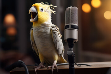 Sticker - A lively and talkative cockatiel perched on a stand, entertaining its owner with cheerful chirps and whistles. Concept of avian conversation. Generative Ai.