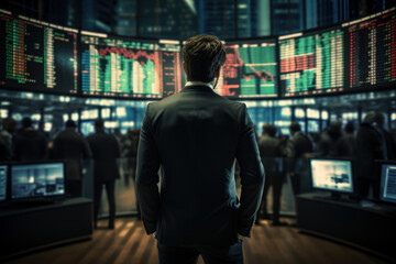 Aufkleber - an individual in a tailored suit confidently navigating a bustling stock exchange floor, symbolizing