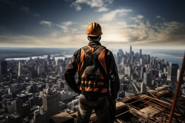 Poster - A construction worker atop a skyscraper, surveying the cityscape, exemplifying the hard work and craftsmanship involved in building urban landscapes. Concept of architectural progress. Generative Ai.
