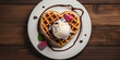 A heart-shaped waffles and ice cream sandwich on a pretty plate on top of a rustic wooden table