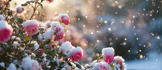 Canvas Print - Snowflakes gently cover rose bushes, transforming the garden into a peaceful winter scene, contrasting its previous vibrant burst of colors.