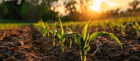 Sticker - Corn seedlings growing in a cultivated farm field at sunset.